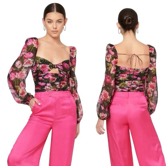 Cami NYC Kimmy Long Sleeve Pink Black Floral Bodysuit Blouse Silk 2 Chiffon - Picture 1 of 12